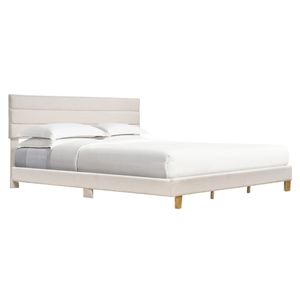 Cama matrimonial tapizada en tela beige