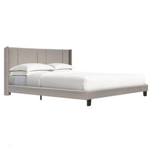 Cama queen size tapizada en tela gris