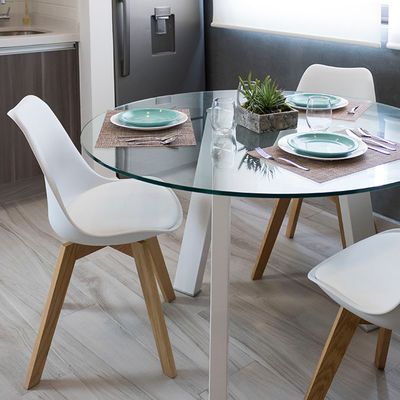 Actual Studio Mesa De Comedor Redonda Cristal Templado Transparente Con Patas De Metal Color Blanco
